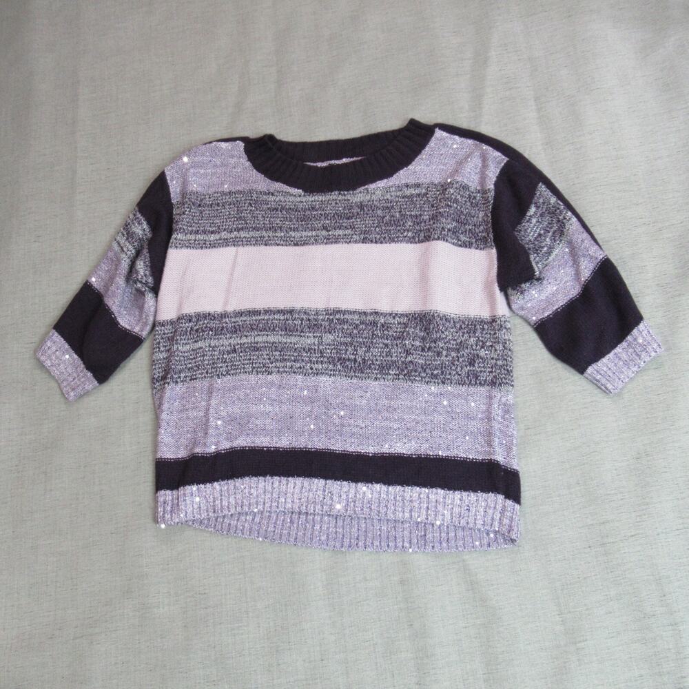 New York & Company Sweater Womens M Purple Knit Striped Sequin Round Neck Casual